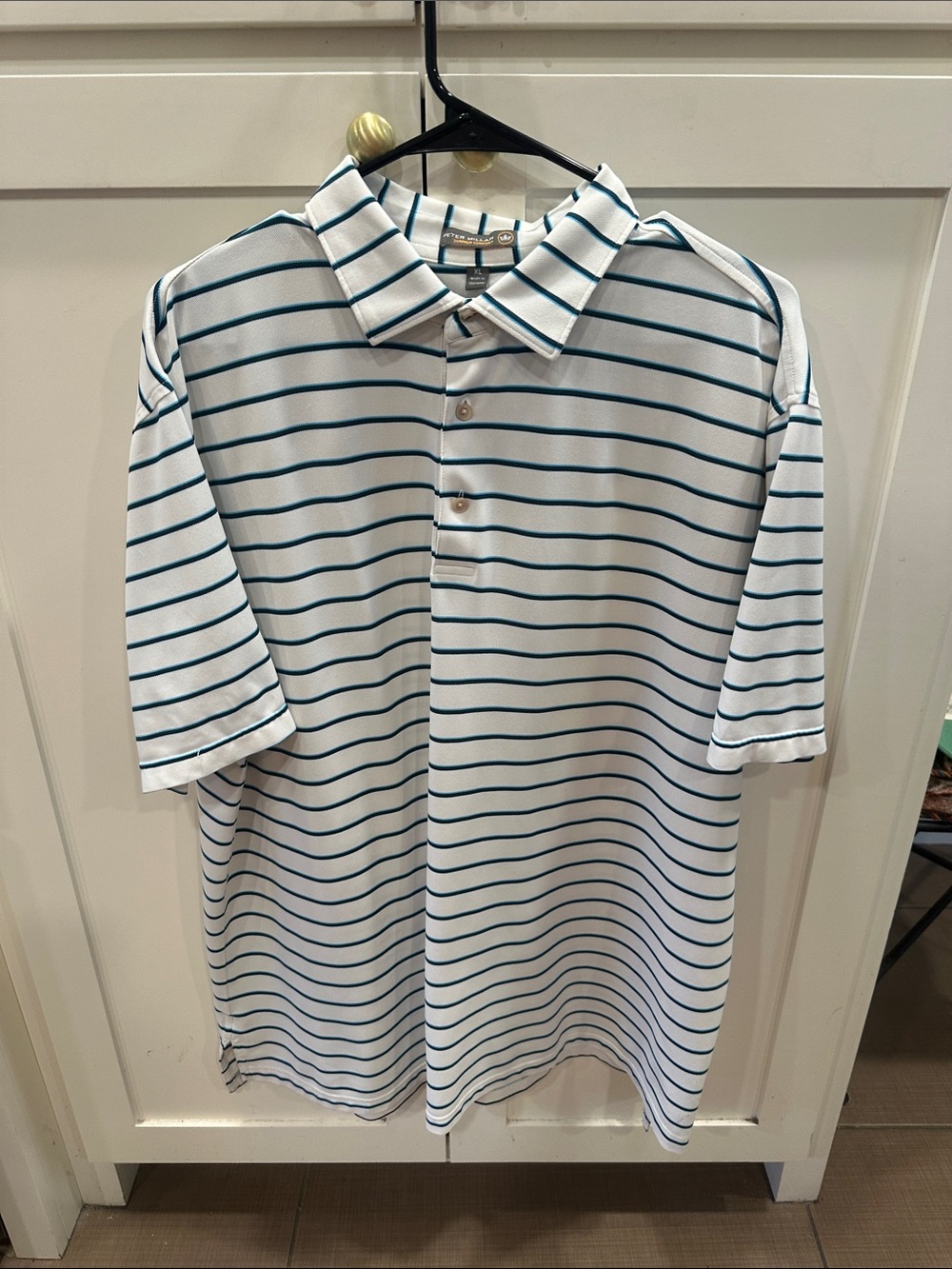 Peter Millar White Polo with Teal Horizontal Stripes